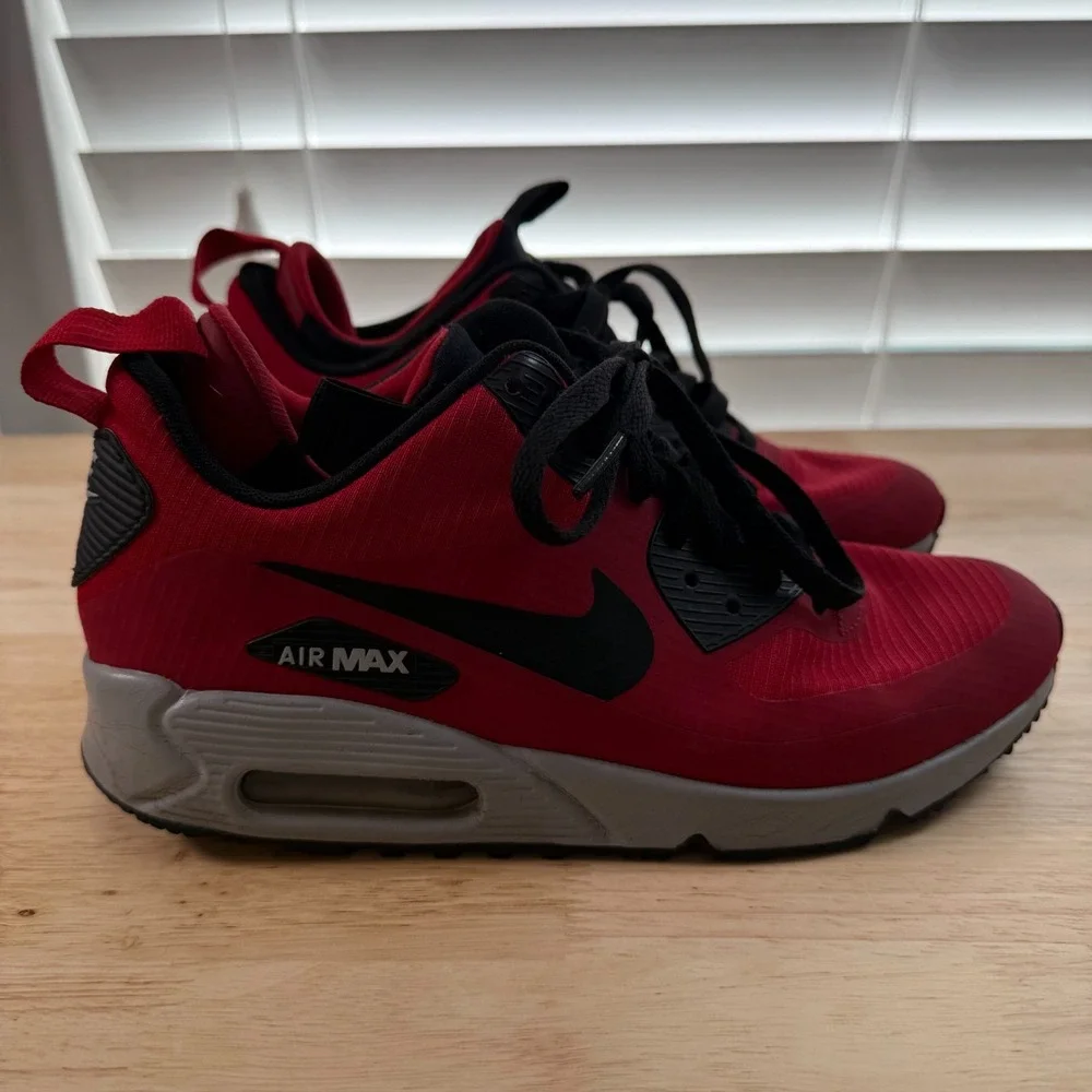 Nike‎ Air Max 90 Mid Sneakers Men's Red Black Lace-Up Casual High Top Athletic 7